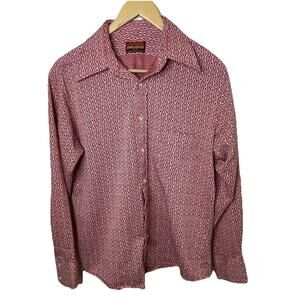VTG 70s Polyester Lounge Disco Long Sleeve Shirt Maroon Geometric S/M - 40 Chest